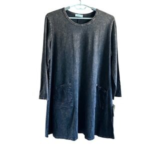 Jess & Jane 2X Chocolate T-Dress Long Sleeve Pockets Acid Wash Casual‎ NWT